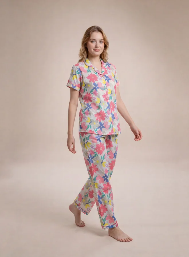 ميش طقم بيجاما من بنطال وقميص قطن بطبعة زهور